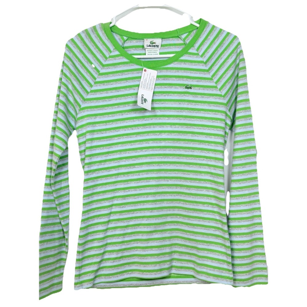 Lacoste Striped Shirt Womens 42 US 10 Green White Cotton Logo Preppy NWT